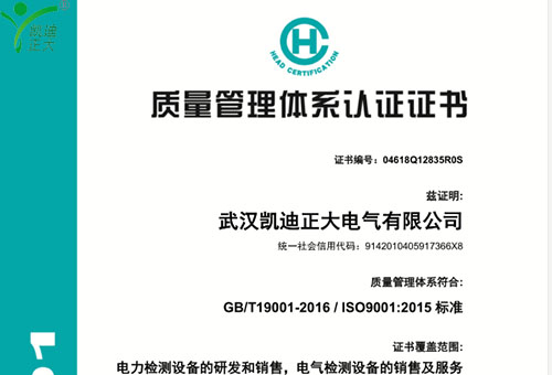 武漢凱迪正大最新版ISO9001：2015標準質量管（guǎn）理認證證書